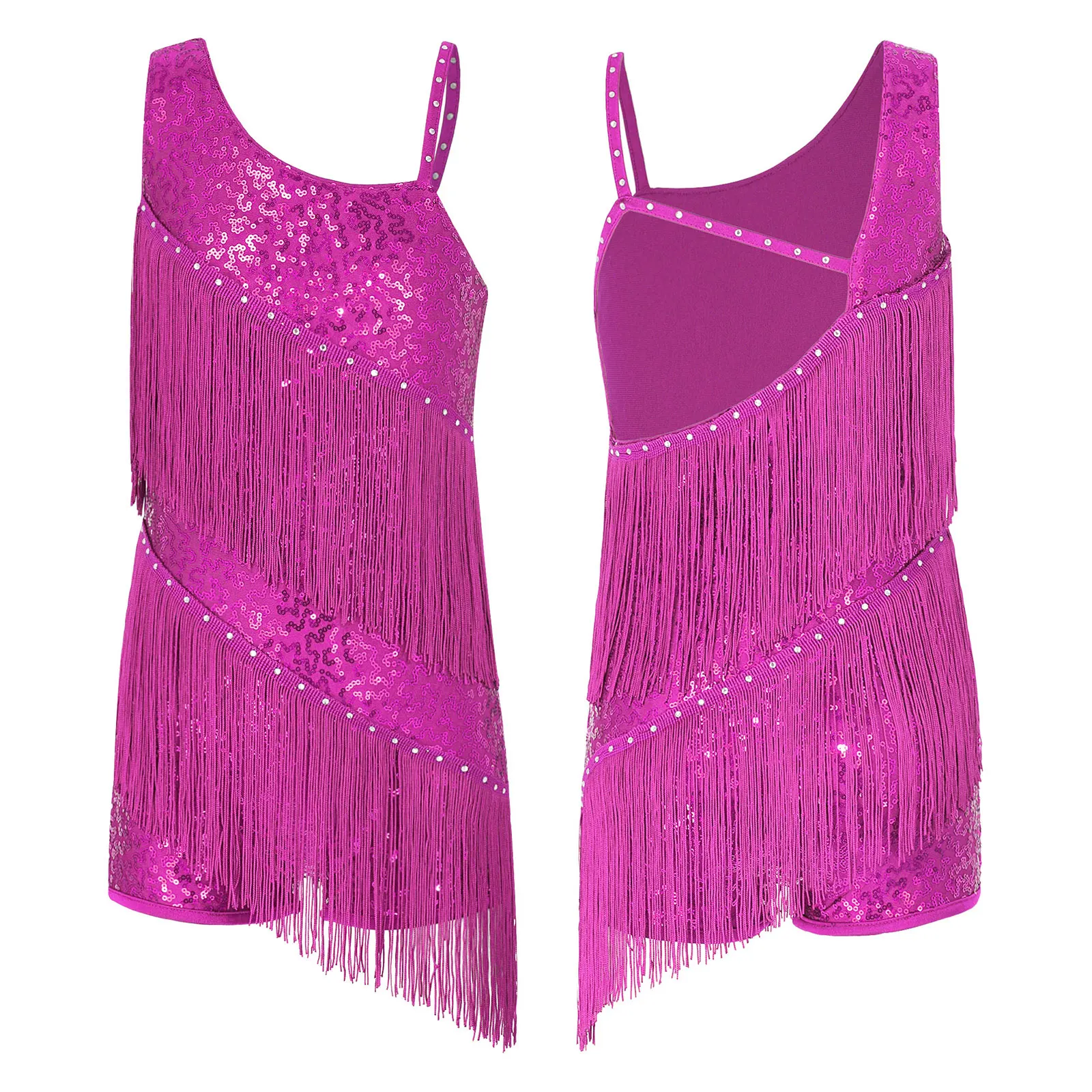 Kinder Mädchen Latin Dance Trikot Kleid Tango Cha Cha Rumba Samba Performance Dancewear Ärmellose Pailletten Strass Quaste Body – Detail 23