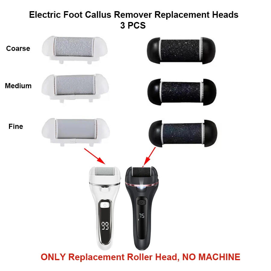 Electric Foot Callus Remover Replacement Head, Foot Grinder Replace Rollers 3pcs Quartz Scrubber Fine/Medium/Coarse For Pedicure