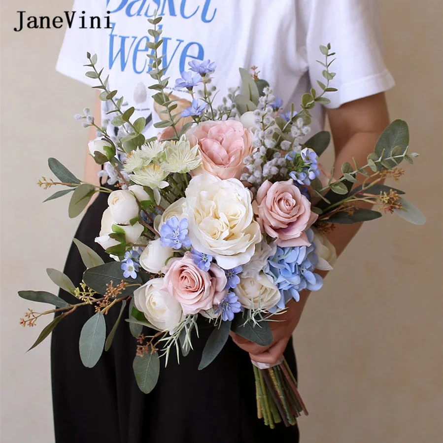 JaneVini Elegant Blue Silk Flowers Western Bridal Hand Bouquets Handmade Dusty Pink Roses Green Eucalyptus Wedding Bouquet Boho