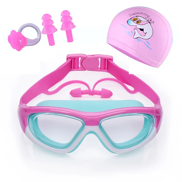 Children's Swimming Goggles Boys and Girls Anti-Fog Swimming Goggles Large Frame Goggles One-Piece Earplugs Nose Clip Swimming C 2