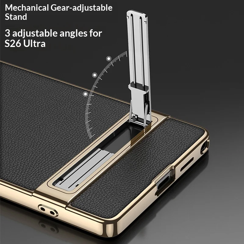 Luxury Plating Strap Kickstand Holder PU Leather Phone Case with PC Bracket Cover
