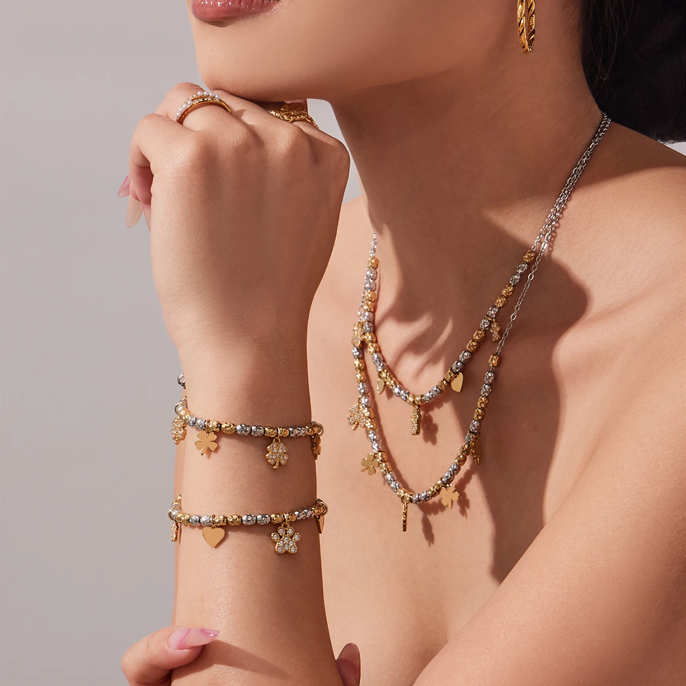 316 Edelstahl Gold Farbe Silber Perlen Kette Anhänger Halskette Damen Glänzende Blume Herz Anhänger Armband Schmuck Set – Detail 9