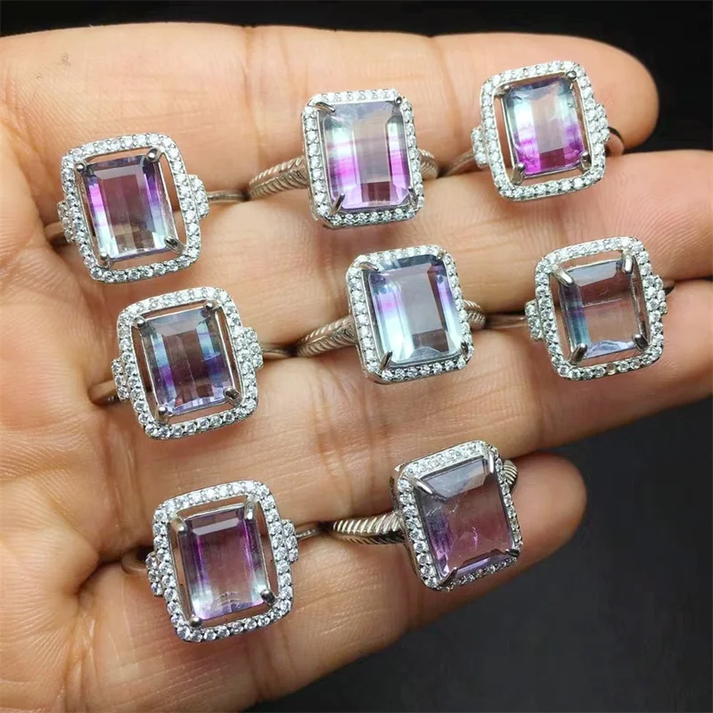 

S925 Natural Colored Fluorite Ring For Women Fashion Crystal Jewelry Ring Reiki Healing Fluorite Jewelry Adjustable Support