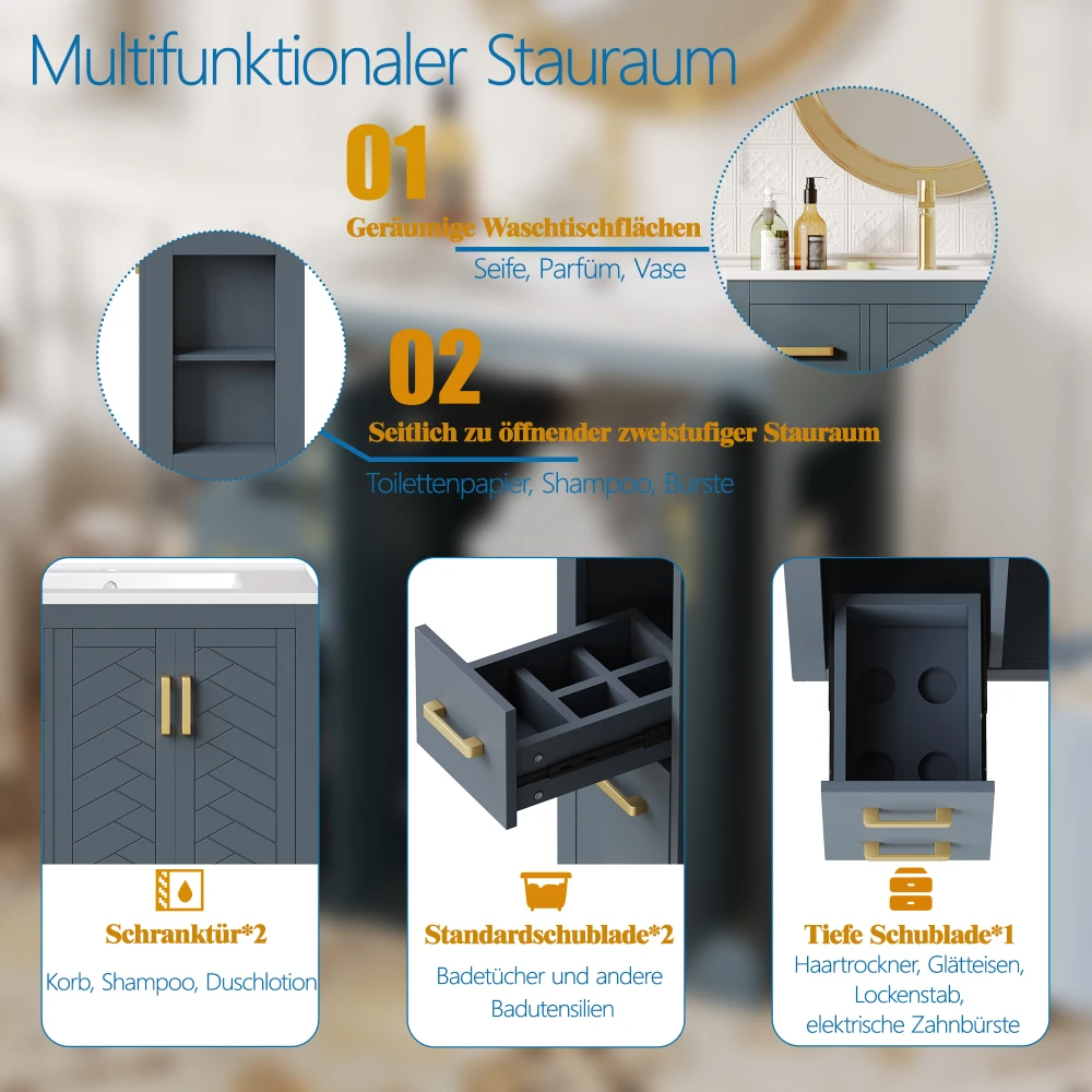 Moderner Freistehender Waschbeckenunterschrank mit Waschbecken & 2 Schubladen, Badezimmerschrank mit Viel Stauraum, Hochwertiger Badezimmerschrank – Detail 22