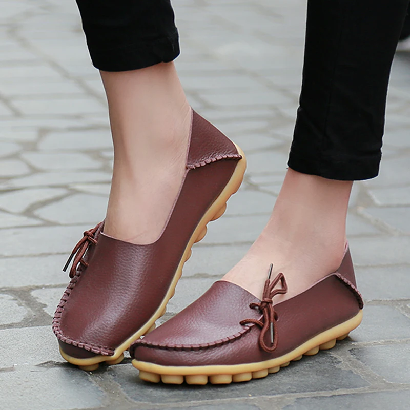 Women Flats Genuine Leather Oxford Moccasins Slip On Bowtie Plus Size women shoes,women flats