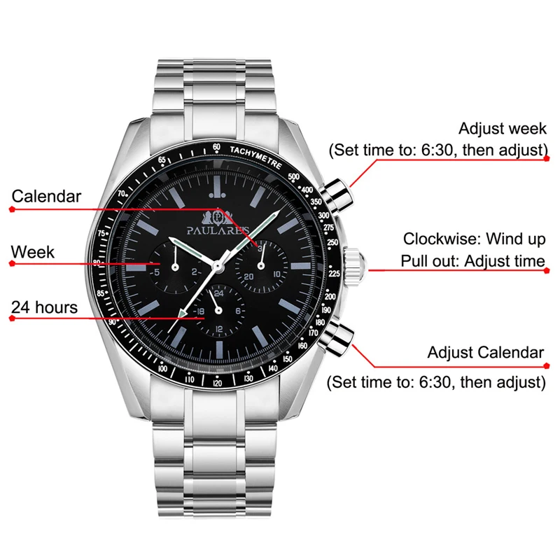 PAULAREIS P Brand Luxury Men Mechanical Watches Calendar Business Watch Mens Sports Waterproof Stainless Steel Automatic Watches