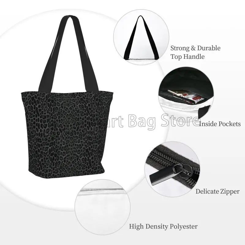 Black Leopard Print Reusable Grocery Bag Waterproof Shopping Handbags Women Travel Shoulder Bag Durable Tote Bags with Zipper