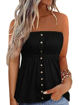 Women Fashion Tube Tops Solid Color Buttons Strapless Boat-Neck Wrap Chest Tank Tops Summer Bandeau Tops 5