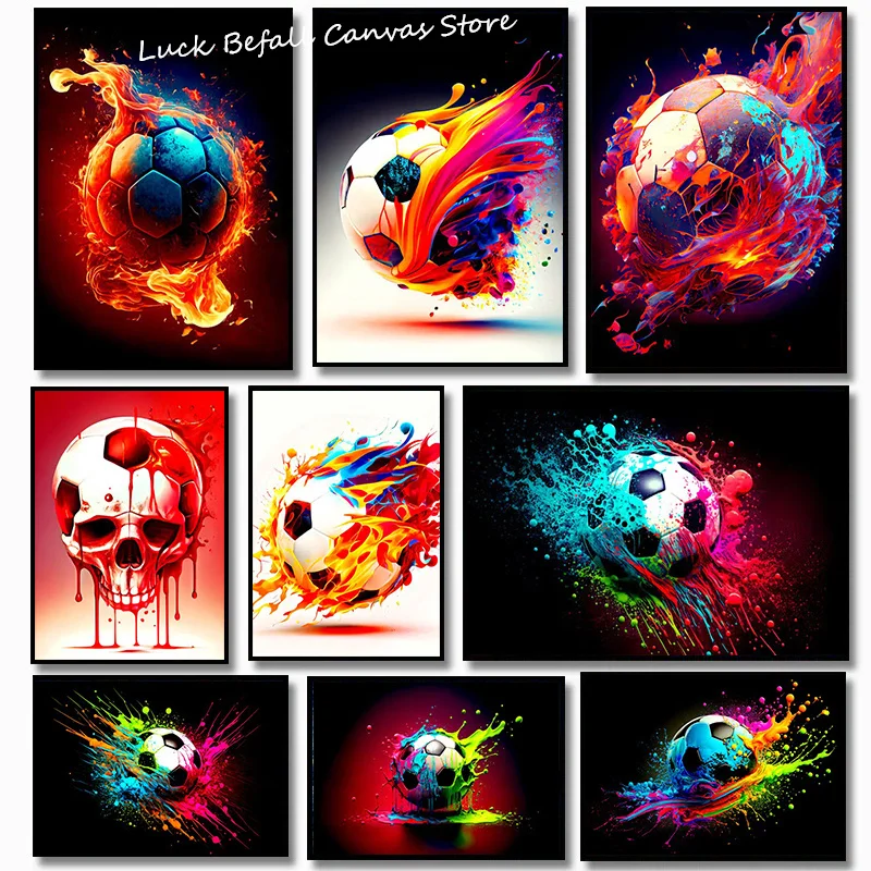 Soccer Colorful Wall Art Canvas Painting Posters Prints Abstract Football Ball on Fire Room Decor Picture Modern Home Decoration