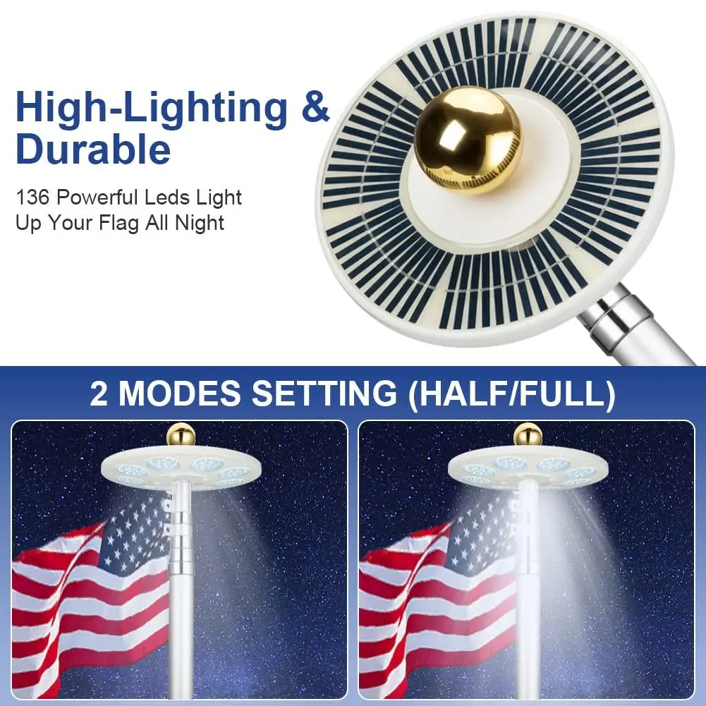 136LED Round Solar Flag Pole Light Super Bright Energy Saving IP65 Waterproof Flagpole Lights Auto On/off Outdoor Camping Lamp solar lights
