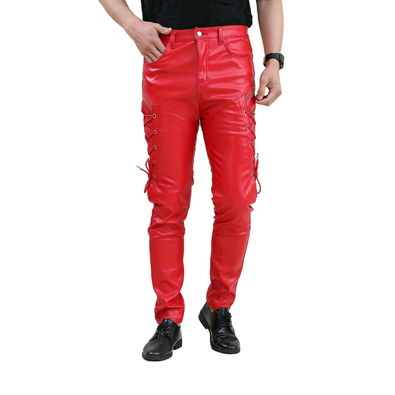 

Fashion Skinny Leather Pants Faux Red Joggers Motorcycle Party NightClub Trousers For Men With Strings