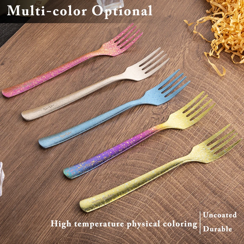 TiTo Rainbow Color Titanium Spoon Fork Squre Handle for Outdoor Camping Home Tableware Eco-Friendly Pure Titanium Spoons Fork