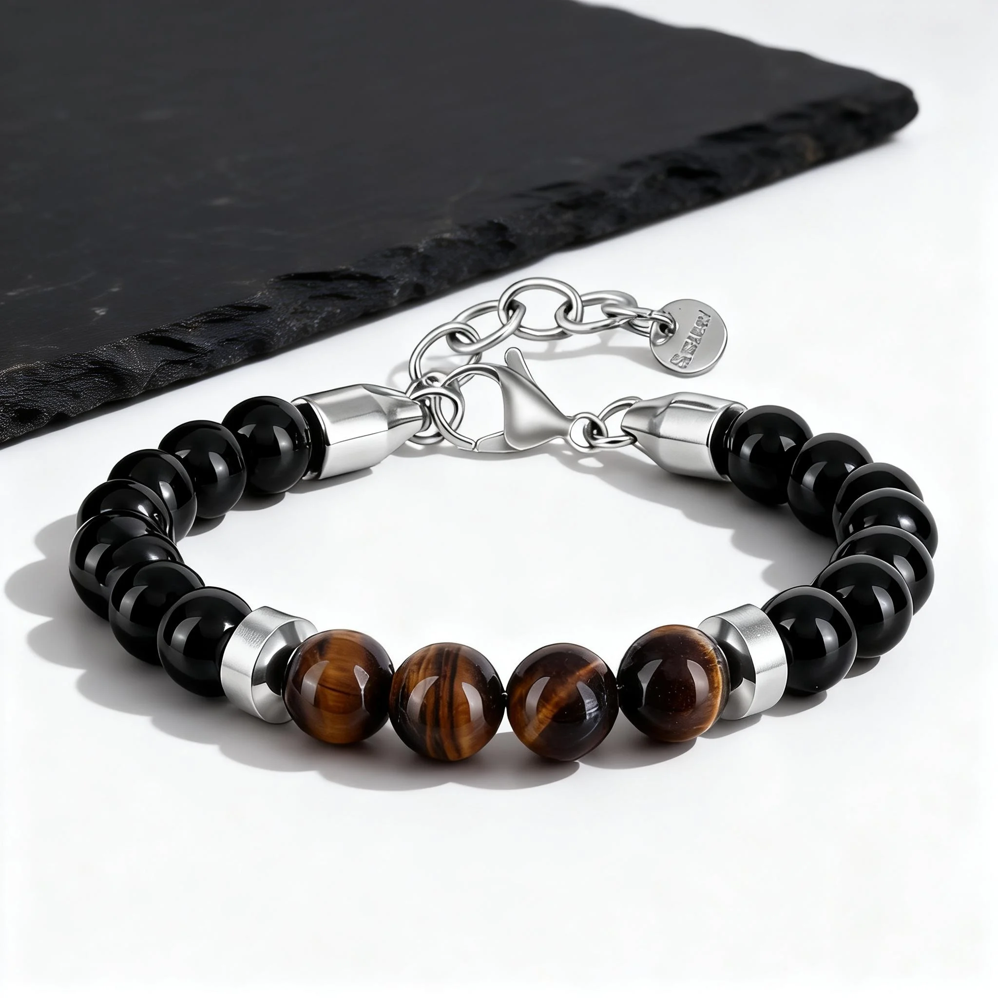 Herren Perlenarmband, Tigerauge-Stein Schwarzes Perlenarmband, Lässiger Schmuck Geschenk für Ihn Jungen