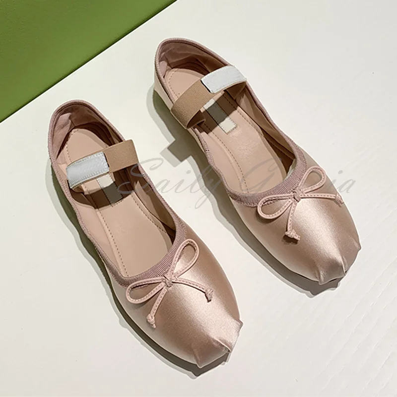 Bow Tie Flat Bottom Ballet Single Shoes Women's Pink Silk Round Toe Shallow Slip On Comfortable Solid Color Female Dress Shoes