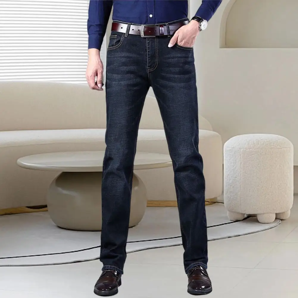 Men Jeans Straight Thin Elastic Mid Waist Breathable pants Daily Wear Pockets Denim Solid Color Long Trousers Male Clothes