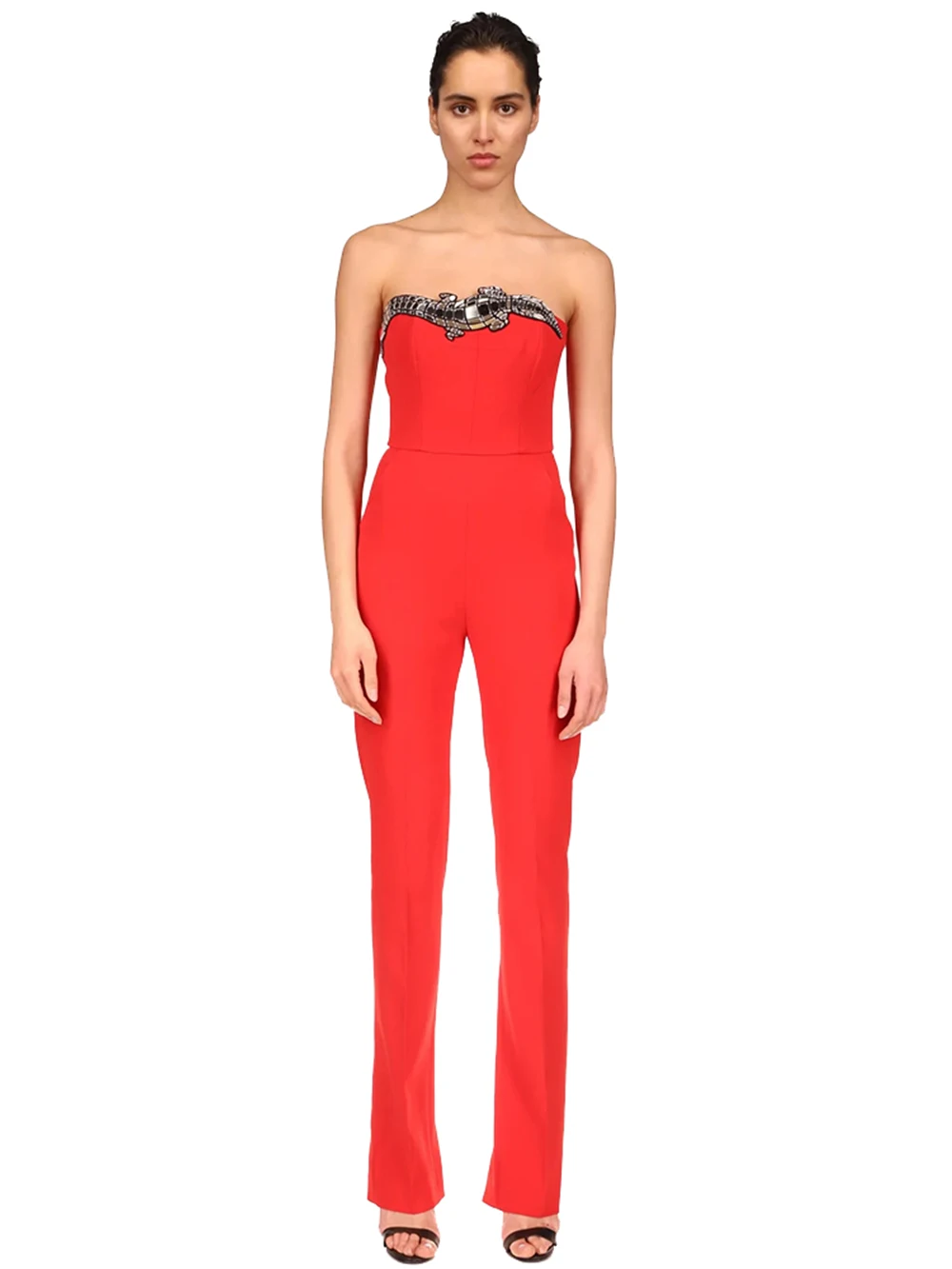 

Modphy Women Red Strapless Backless Rayon Bandage Jumpsuit Sexy Bodycon Celebrity Party Full Length Jumpsuits Vestidos