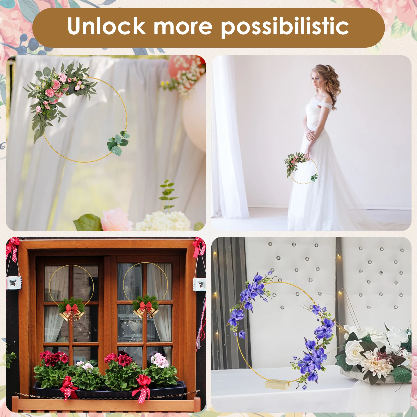 10Pcs Metal Floral Hoop Centerpiece 30cm/12inch Round Macrame Gold Hoop Ring 10 Wood Stands Sturdy DIY Wreath Ring Table