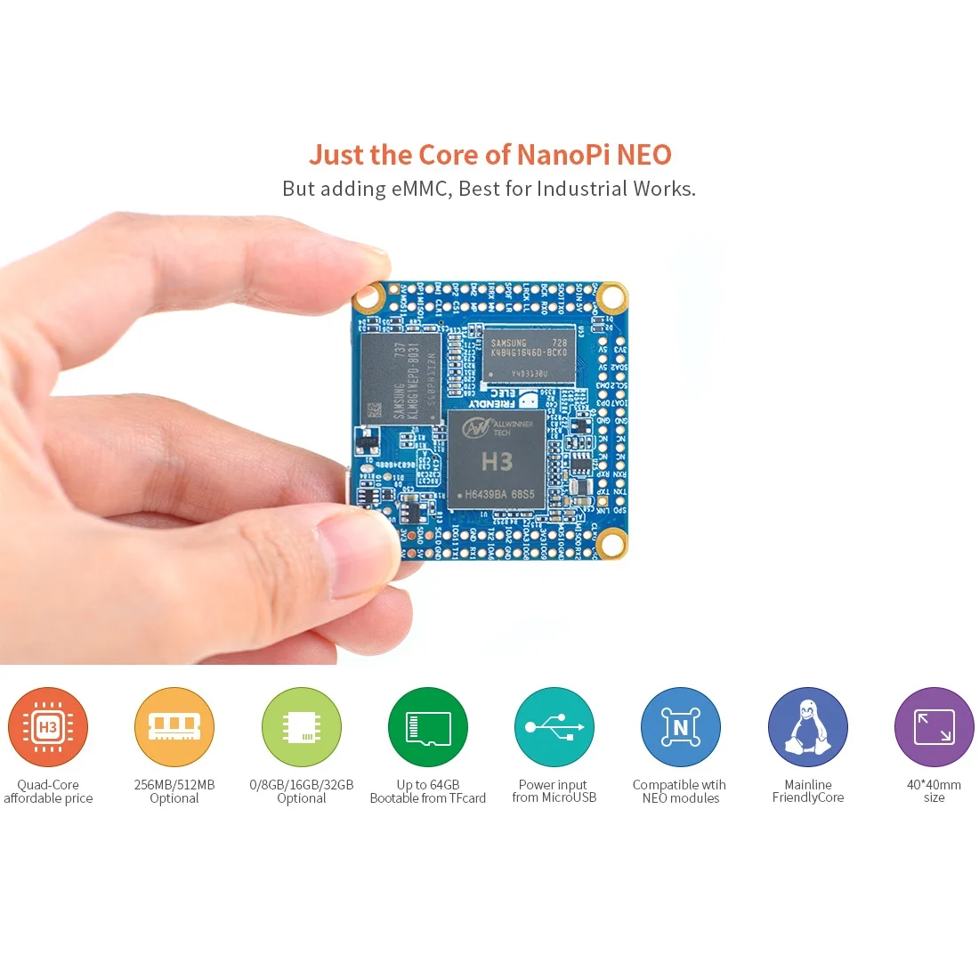 NanoPi Neo Core Kit 256M DDR RAM/4G eMMC Allwinner H3 Quad Cortex-A7 Up 1.2GHz,OpenWRT,with heat sink,solder the pin-header