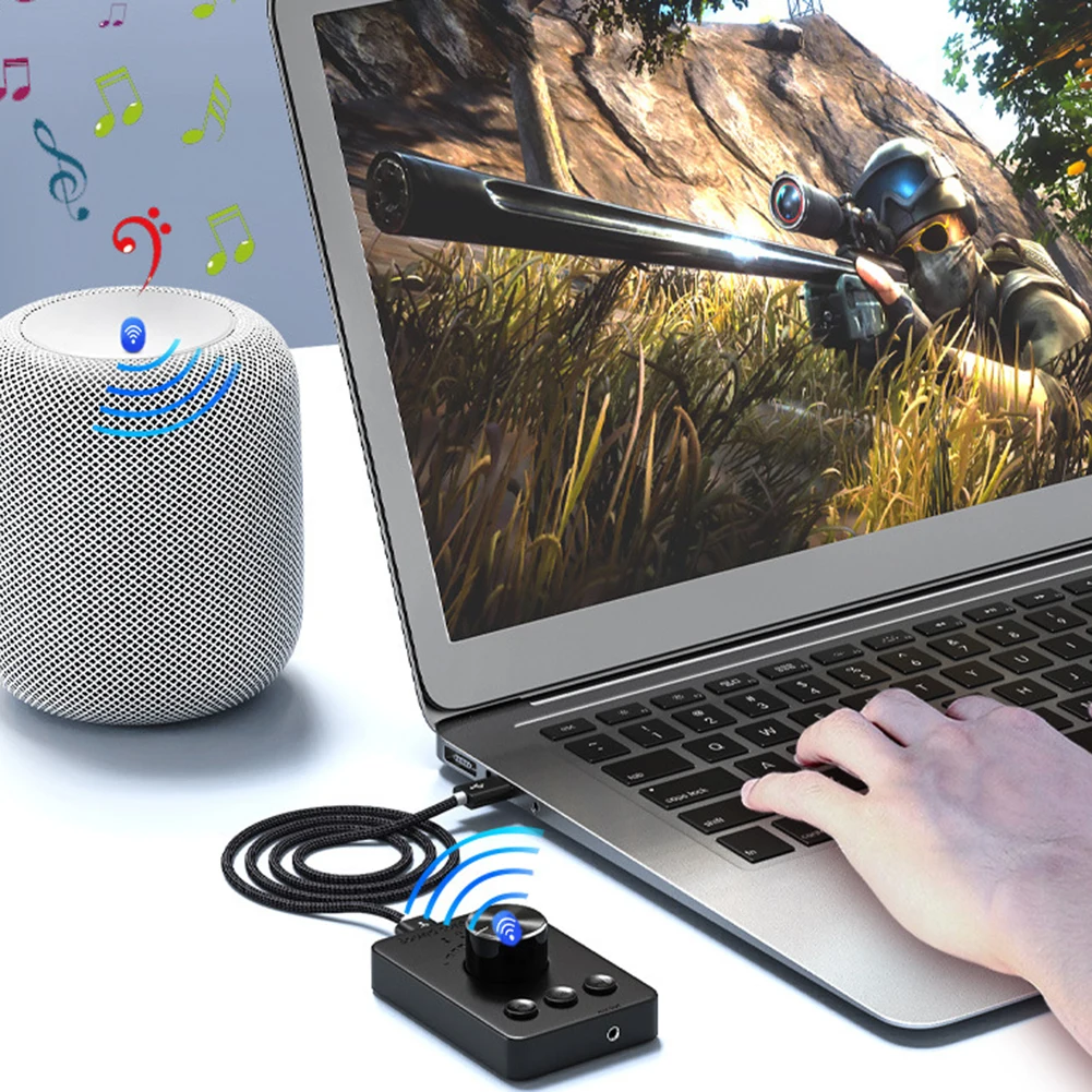 USB 볼륨 조절 손잡이 금속 볼륨 손잡이 3가지 모드 블루투스 호환5.1 원키 음소거 3.5mm AUX(재생/일시정지/뒤로/앞으로)