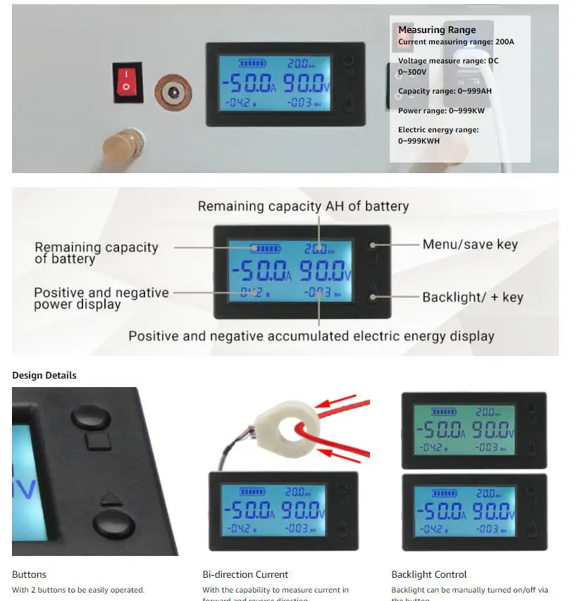 Bluetooth Hall Ammeter Voltmeter Coulomb Meter Battery Charge Discharger POWER Monitor 12V 24V 48V 60V Lead-acid Li-ion Lifepo4