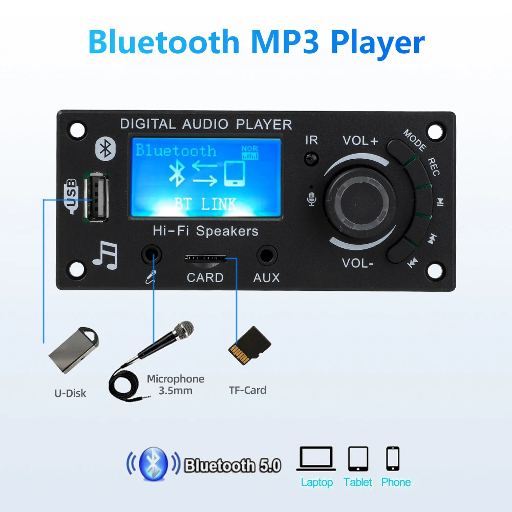 DC 12V Bluetooth5.0 LCD MP3 WMA WAV Decoder Board Handsfree Call Recording Car Audio Microphone USB TF FM Radio Mp3 Music Player mp3 mp4 player