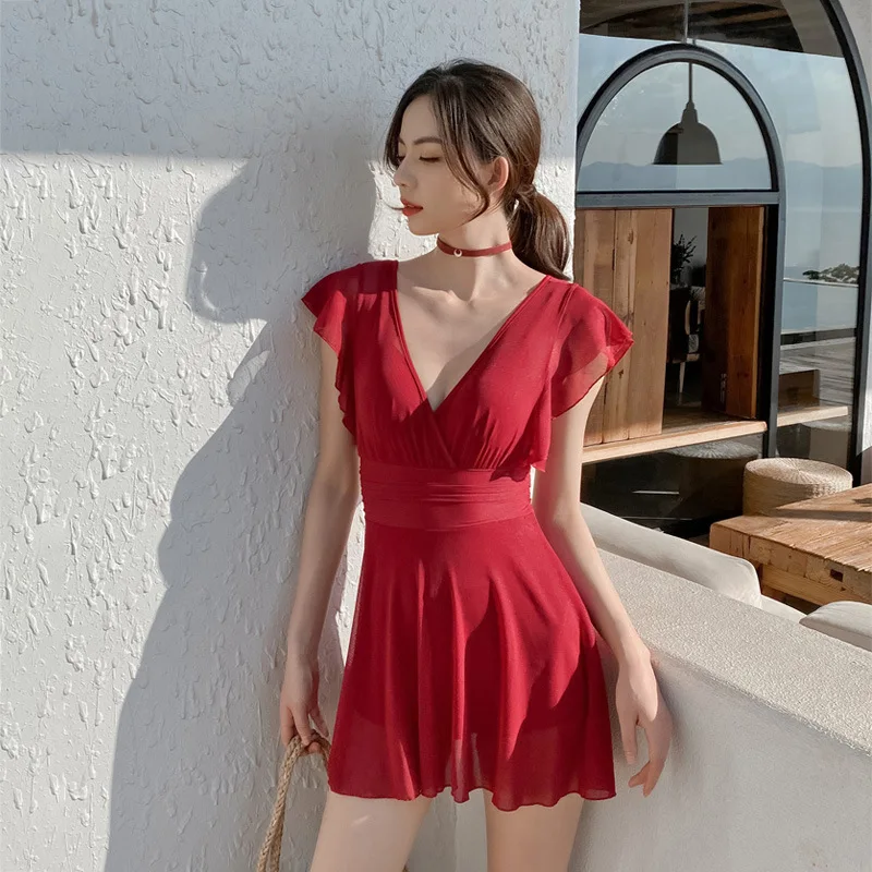 

Slim V-Neck Fashion Women Bikini Black Red Blue 2023 Beach Swimwear One Piece Ruffles Hot Spring Swimsuit
