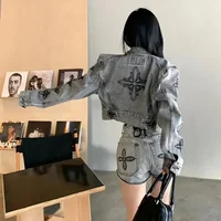 Hot Girl New Suit Women's Cross Long-sleeved Wash Denim Coat High Waist Versatile Shorts Two-piece Set Fashion Female Clothes 1