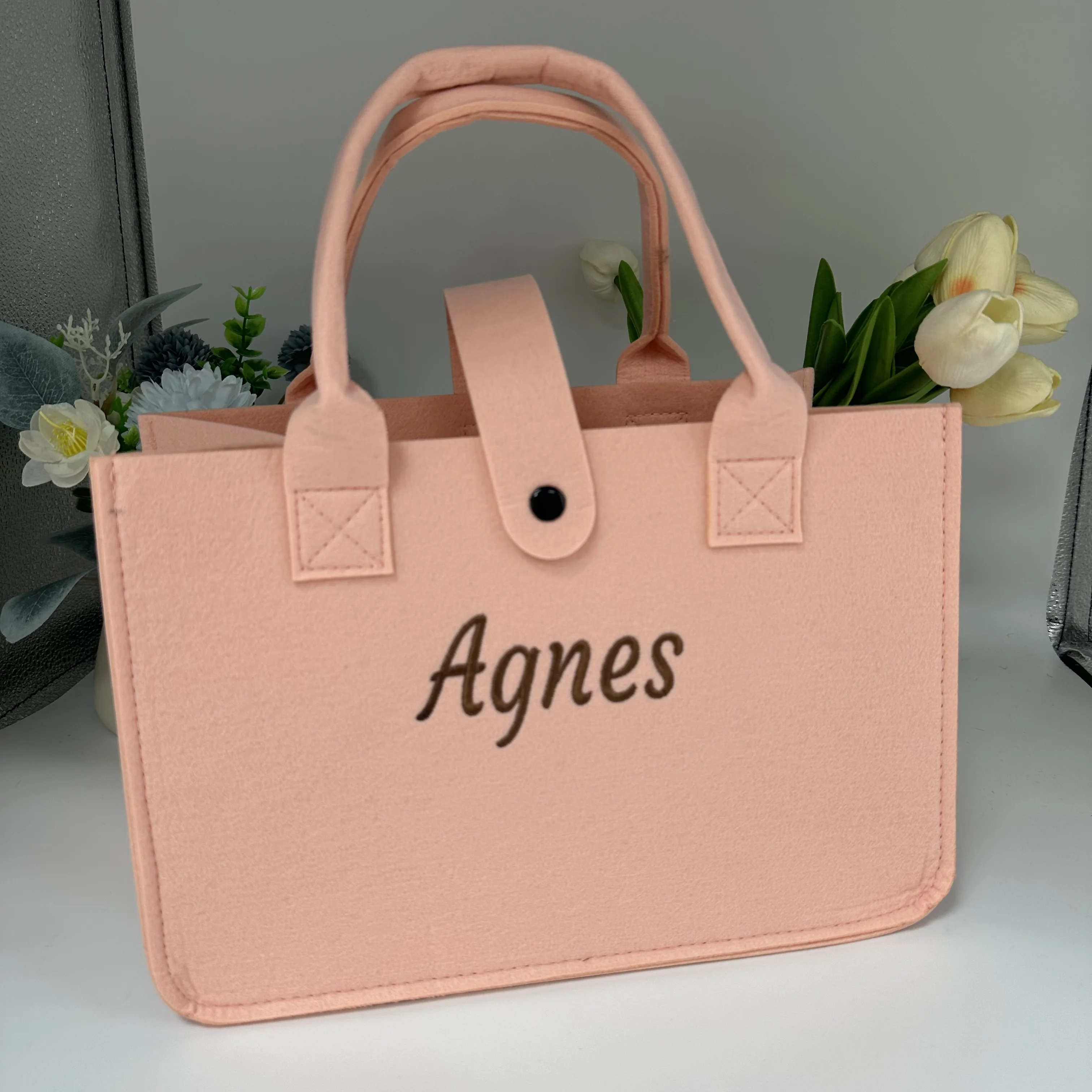 

Embroidered Felt Tote Bag Personalized Name Women's Colored Handbag Solid Color Ladies Tote Travel Bags Shopping Bag with Name