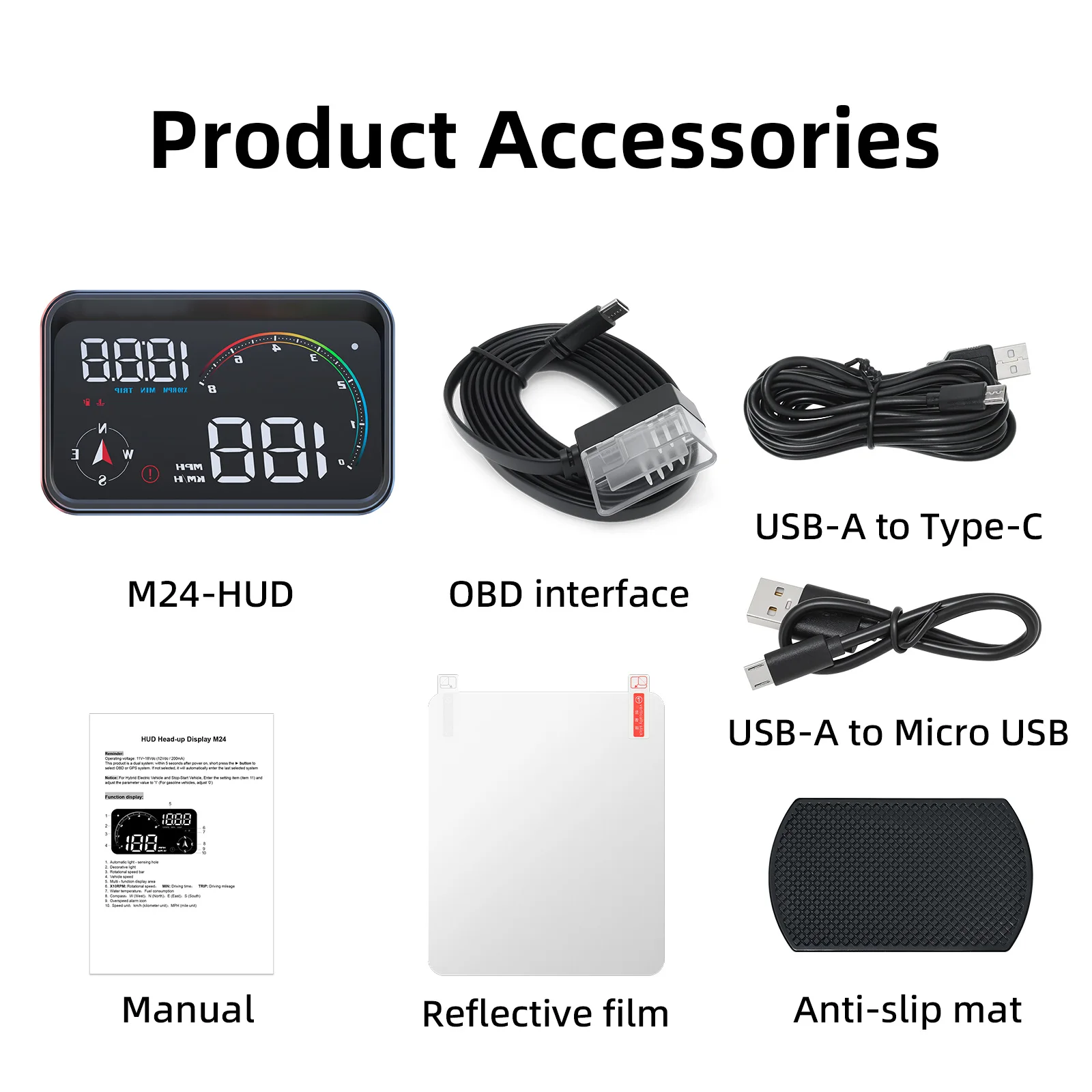 M24 HUD 게이지 스마트 속도계 OBD+GPS 자동차 전자장치 헤드업 디스플레이 터보 RPM 알람 수온 자동차 과속 경보