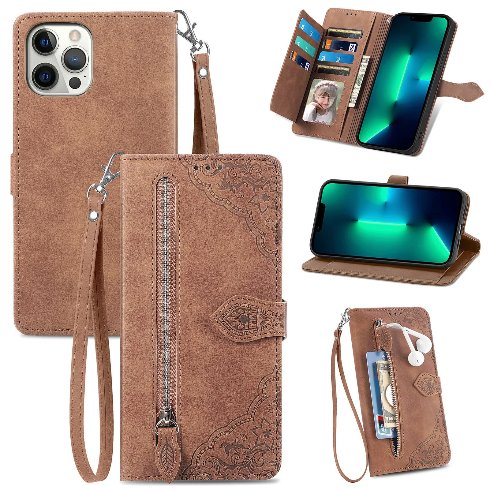 Lace Floral Leather Phone Case with Luxury Lanyard, Card Slots, and Wrist Strap Wallet Flip Cover