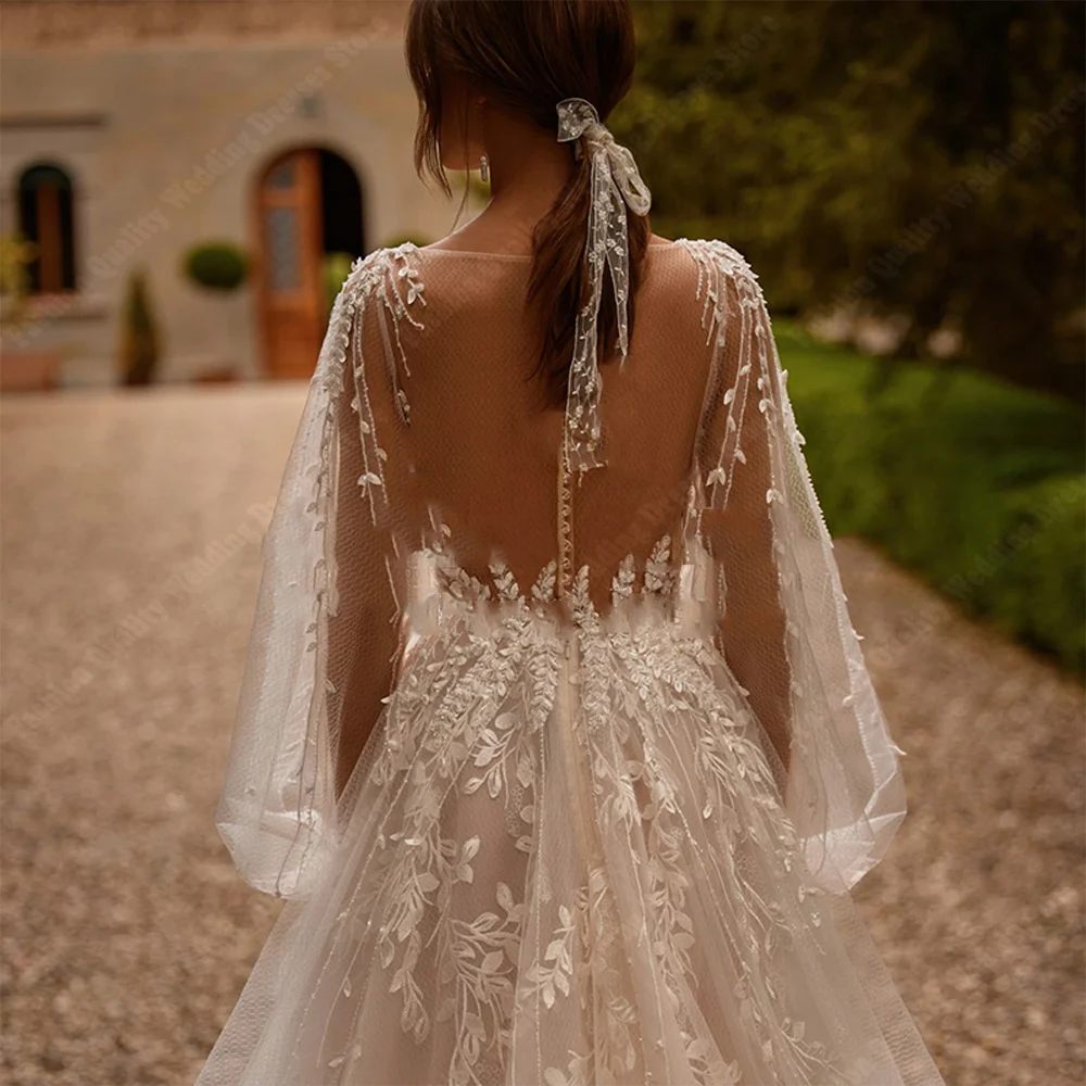 Sweetheart V-Neck Women Wedding Dresses Lace Printing A-Line Bridal Gowns Elegant Multi-Layer Sheer Vestido De Novias Customized 4
