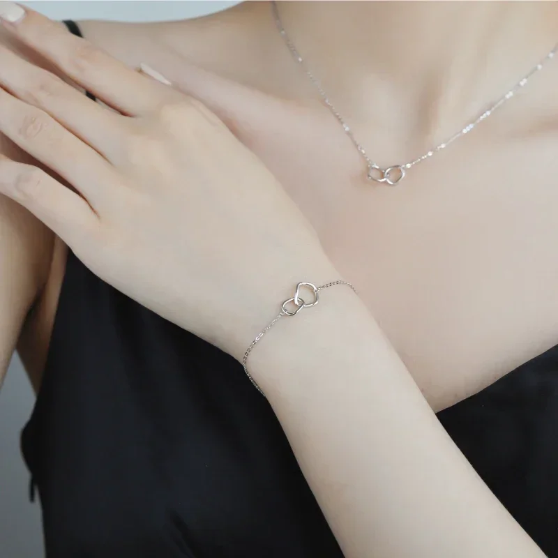 

S925 Sterling Silver Women's Gentle Double Ring Bracelet Trendy Fashionable Senior Design Gentle Fine Chain Birthday Gift