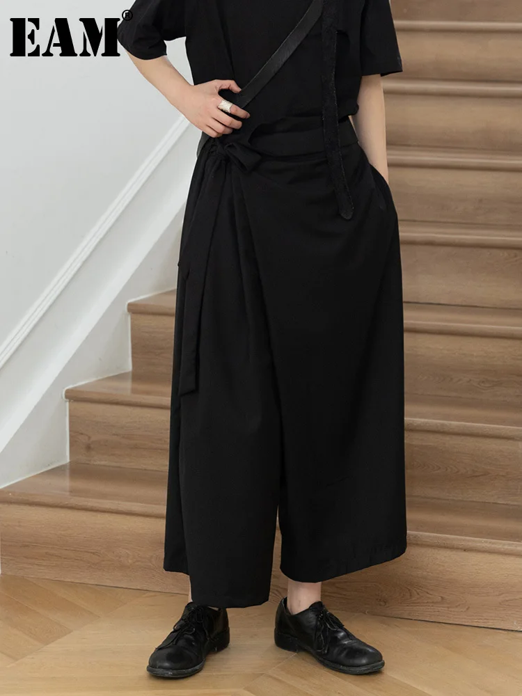 

[EAM] High Elastic Waist Asymmetric Bandage Wide Leg Pants New Loose Fit Trousers Women Fashion Tide Spring Autumn 2023 1DF3966
