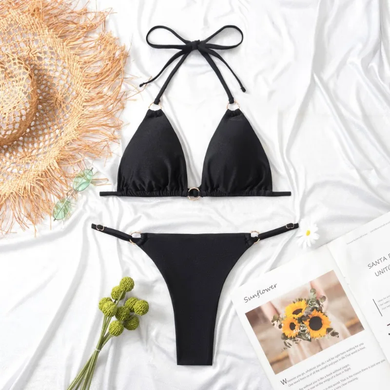 Sexy Women 2 Piece Bikini Spaghetti Strap Swimsuits Solid Color Bathing Swimwear Triangle Bathing Suit