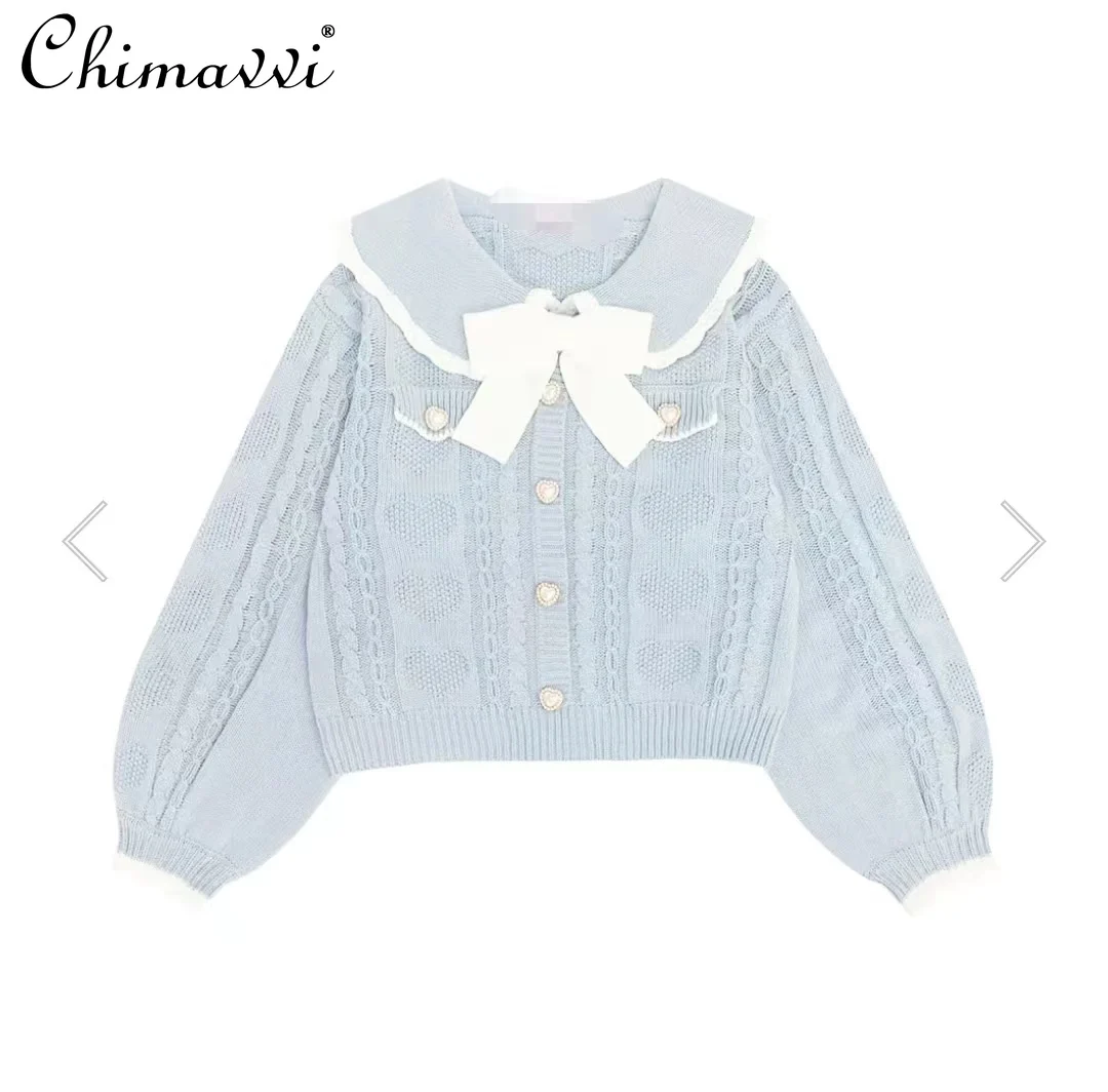 

Sweet Girlish Bowknot Knitted Cardigan 2024 Spring New Fashion Round Neck Long Sleeve Kawaii Elegant Sweater Women Y2K Tops