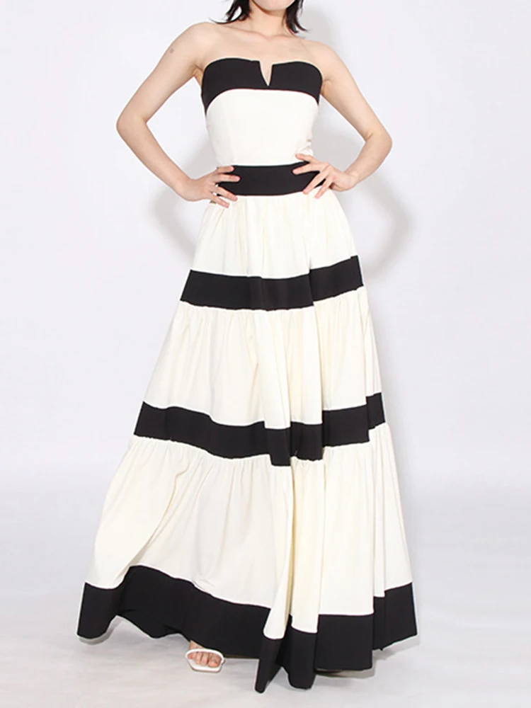 

Contrast Color Stripe Dress For Women Bows Spliced Strapless Sleeveless A-line Elegance Large Hem Vestido Summer 2024 New XX398