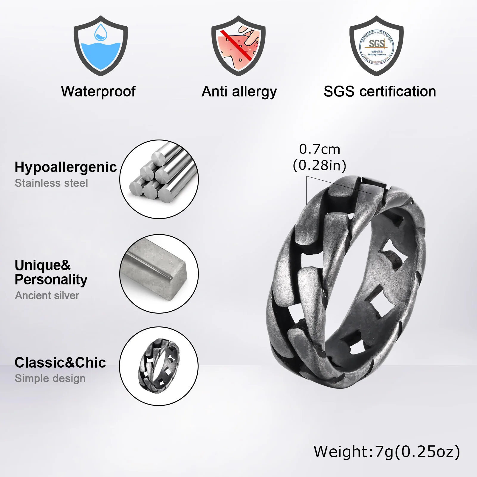 Vintage-Inspired Retro Grey Stainless Steel Men's Ring with Hollow Curb Link Chain Design, 7MM Band