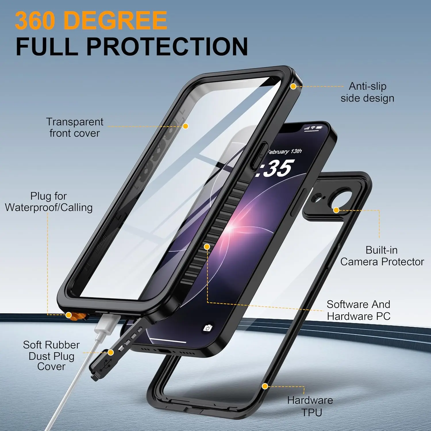Waterproof Case with Built-in Screen and Camera Lens Protector - IP68 Underwater Full Body Protection Cover