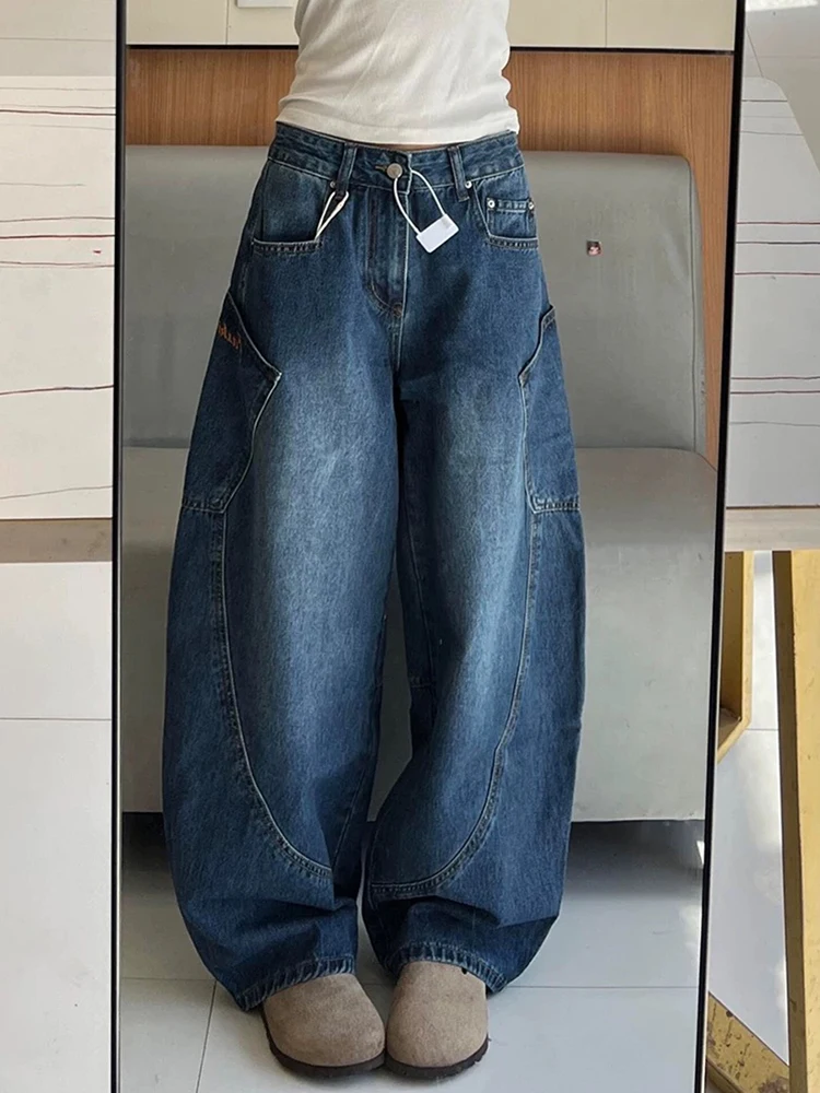 plus Size American Sle Embroidered Bla Jeans Women's Autumn Winter Loose High Waist Slim Straight Wide Leg Pants