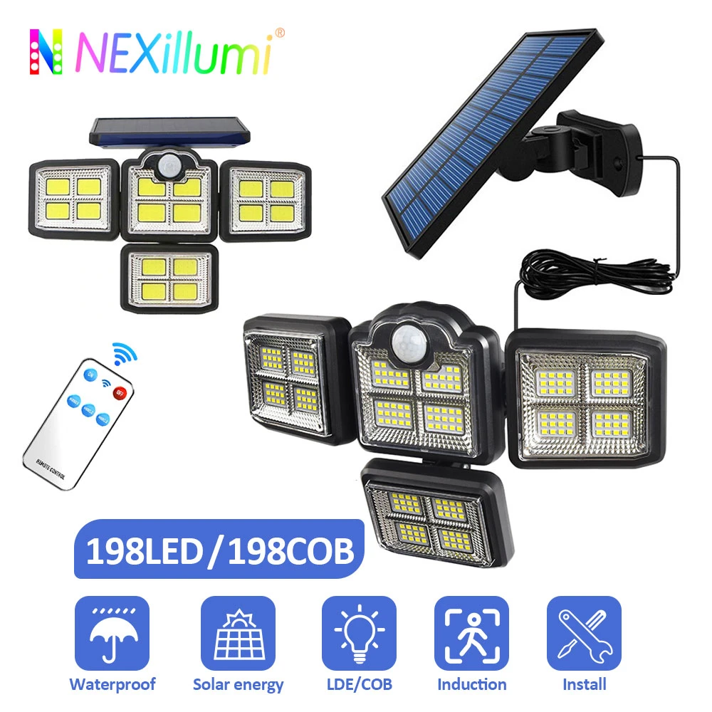 40W Super Bright Solar Lights 198led/COB  IP65 Waterproof Outdoor Indoor Solar Lamp With 4 Adjustable Head Wide Lighting Angle solar yard lights