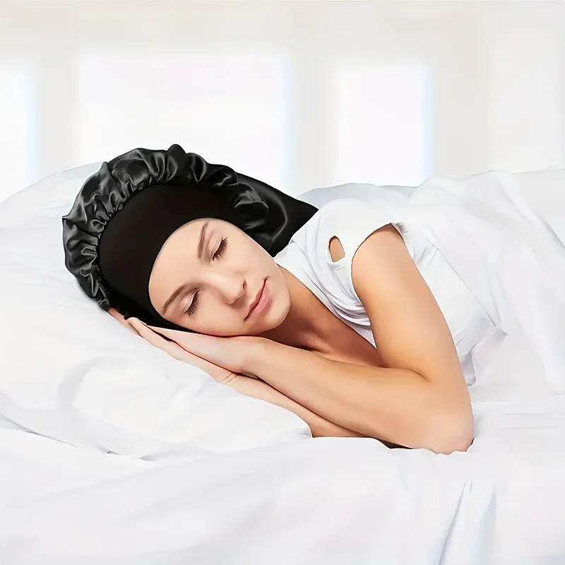1Pc Simulated Silk Sleeping Hat Curly Hair Oversized Hat Braided Satin Hat Women's Silk Long Barrel Elastic Hairband Hat 2