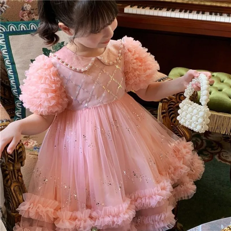 

Girls Sweet Princess Dress Summer New Fashionable Baby Girl Doll Collar Clothes Children's Pink Short Sleeve Fluffy Tutu Skirt