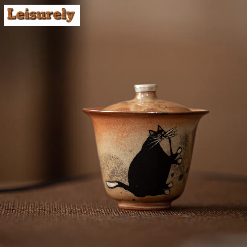100ml Hand-painted Silver Kiln Change Gaiwan Wood-fired Porcelain Zhiye Cat Tea Tureen Tea Making Cover Bowl Drinkware Gift