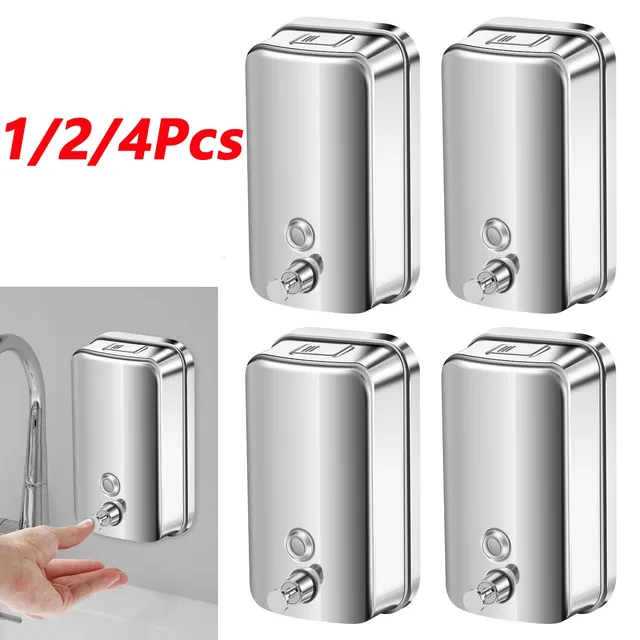 1/2/4 ชิ้นเครื่องจ่ายสบู่แบบติดผนังเครื่องจ่ายสบู่แบบแมนนวล 1000 มล. สแตนเลสสตีลเจลทำความสะอาดมือขวดเจลอาบน้ำสำหรับห้องน้ำ 1