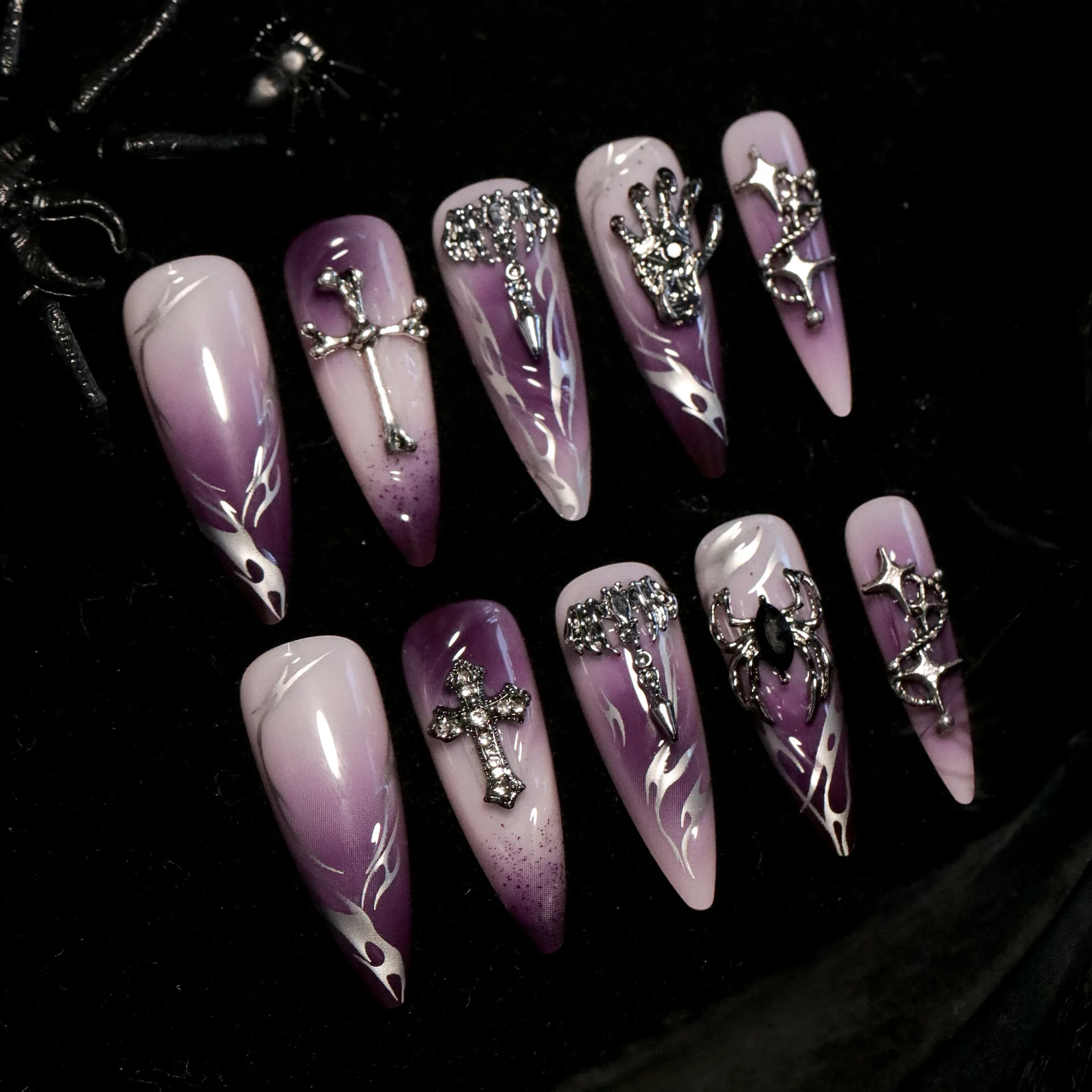 24pcs Halloween Long Almond Fake Nails Gothic Dark Black Style Press on Nails Full Cover Wearable Heavy Metal False Nail Tips