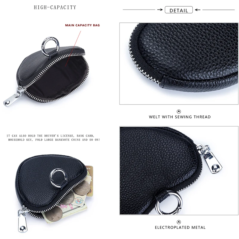 New Genuine Leather Heart Shaped Ladies Change Purse Girls Leather Coin Purse Earphone Coin Storage Bag Key Wallet with Key Ring