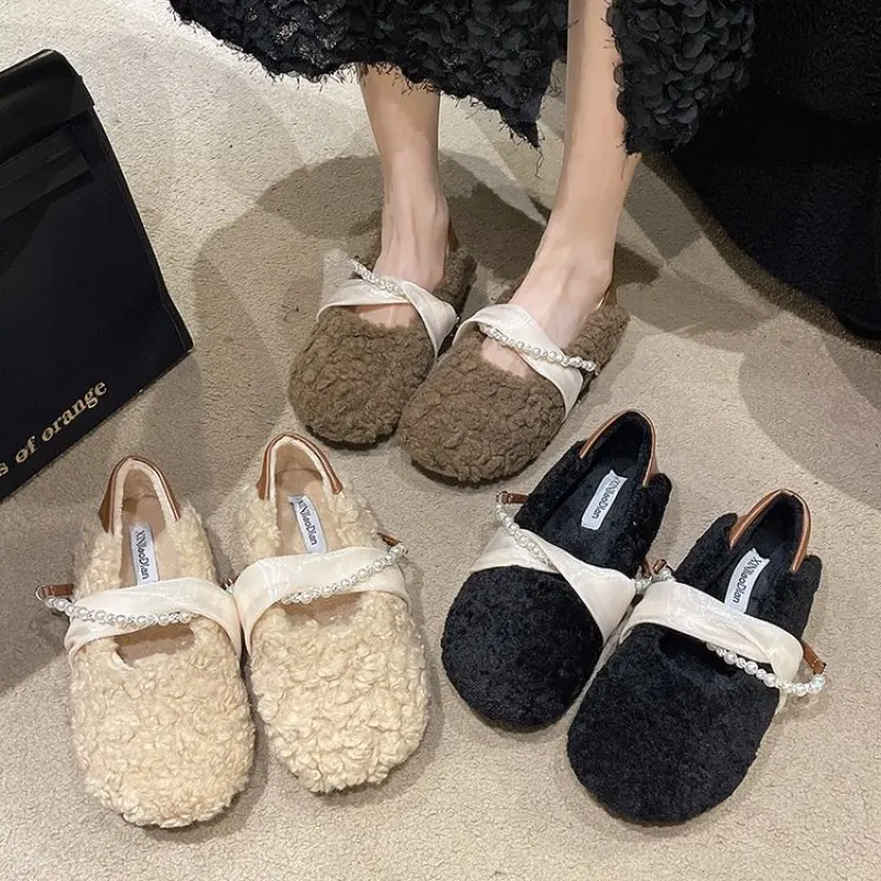 Moccasin Shoes Shallow Mouth Round Toe Casual Female Sneakers Loafers Fur Slip-on 2024 Fashion Women's Autumn Moccasins Winter