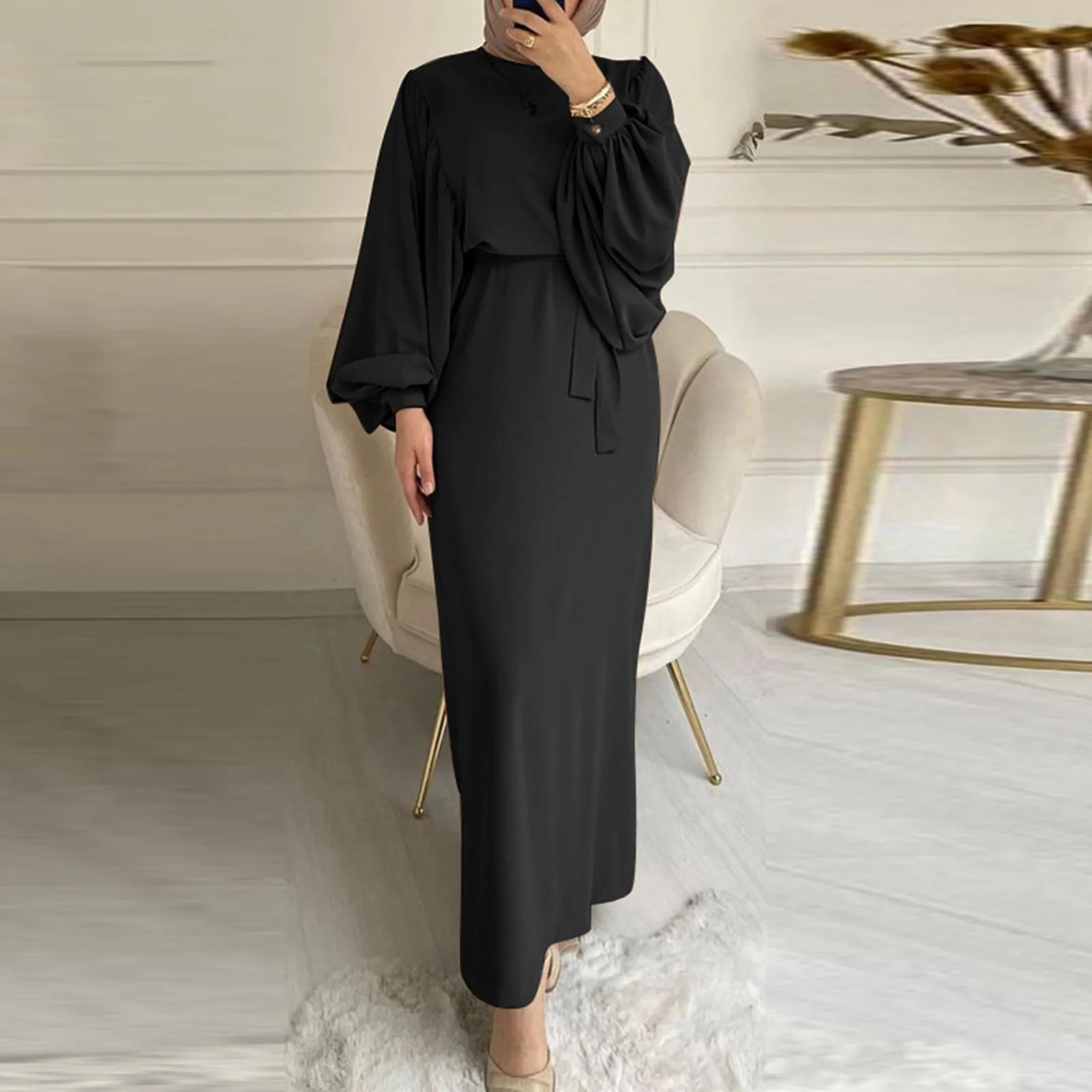 Autumn Puff Sleeve Morocco Muslim Dress Women Abaya Kaftans Casual Evening Dresses Woman Turkey Islam Long Robe Femme Vestidos