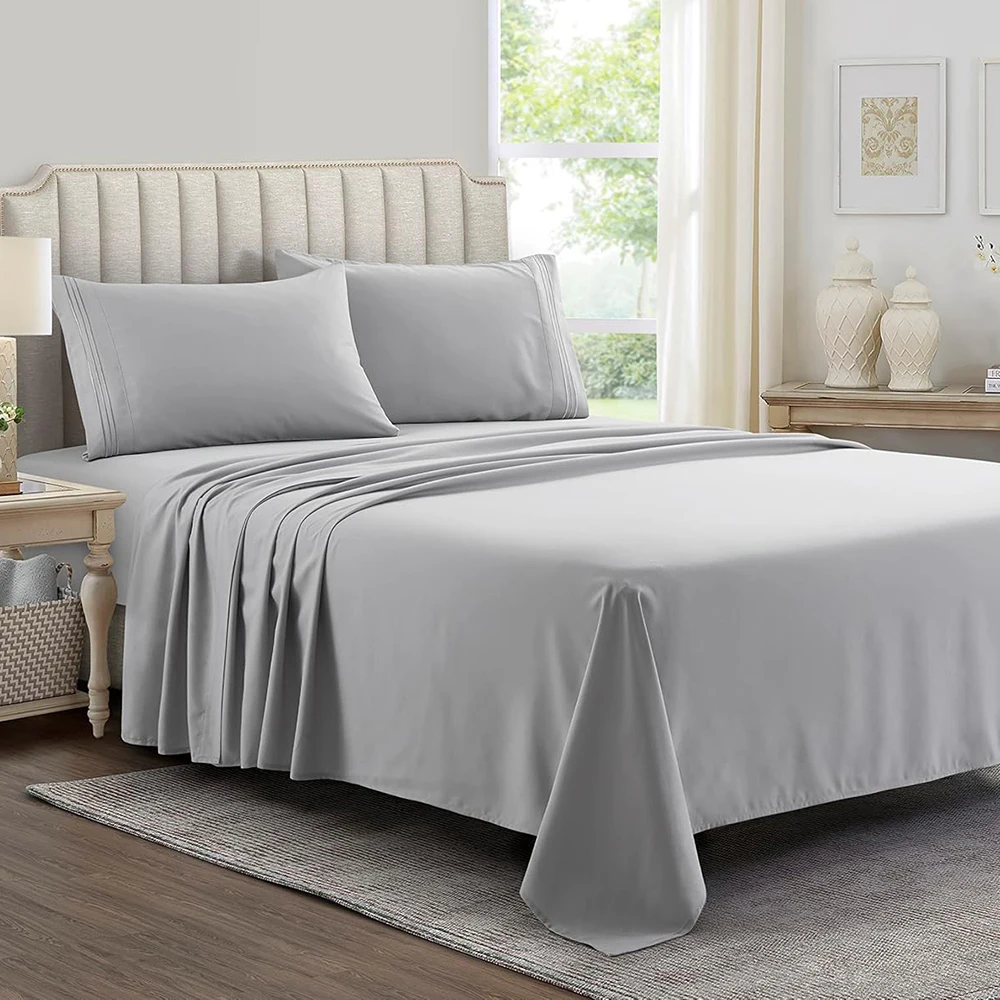 Battilo Double Bed Sheets 4Pieces Set Fitted Flat Sheet with Pillowscase Luxury Microfiber King Queen Full Twin Size Bedding Set 3