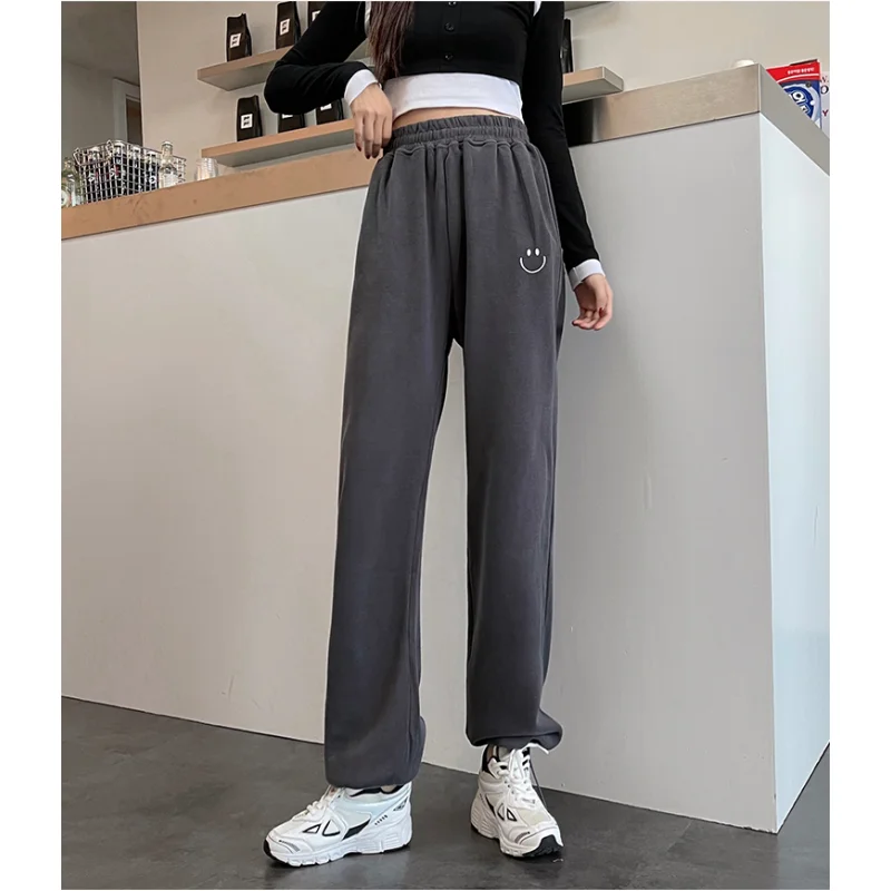 

Осенние белые повседневные спортивные брюки, модные полосатые прямые брюки на шнуровке, уличные мешковатые брюки с высокой талией для женщин